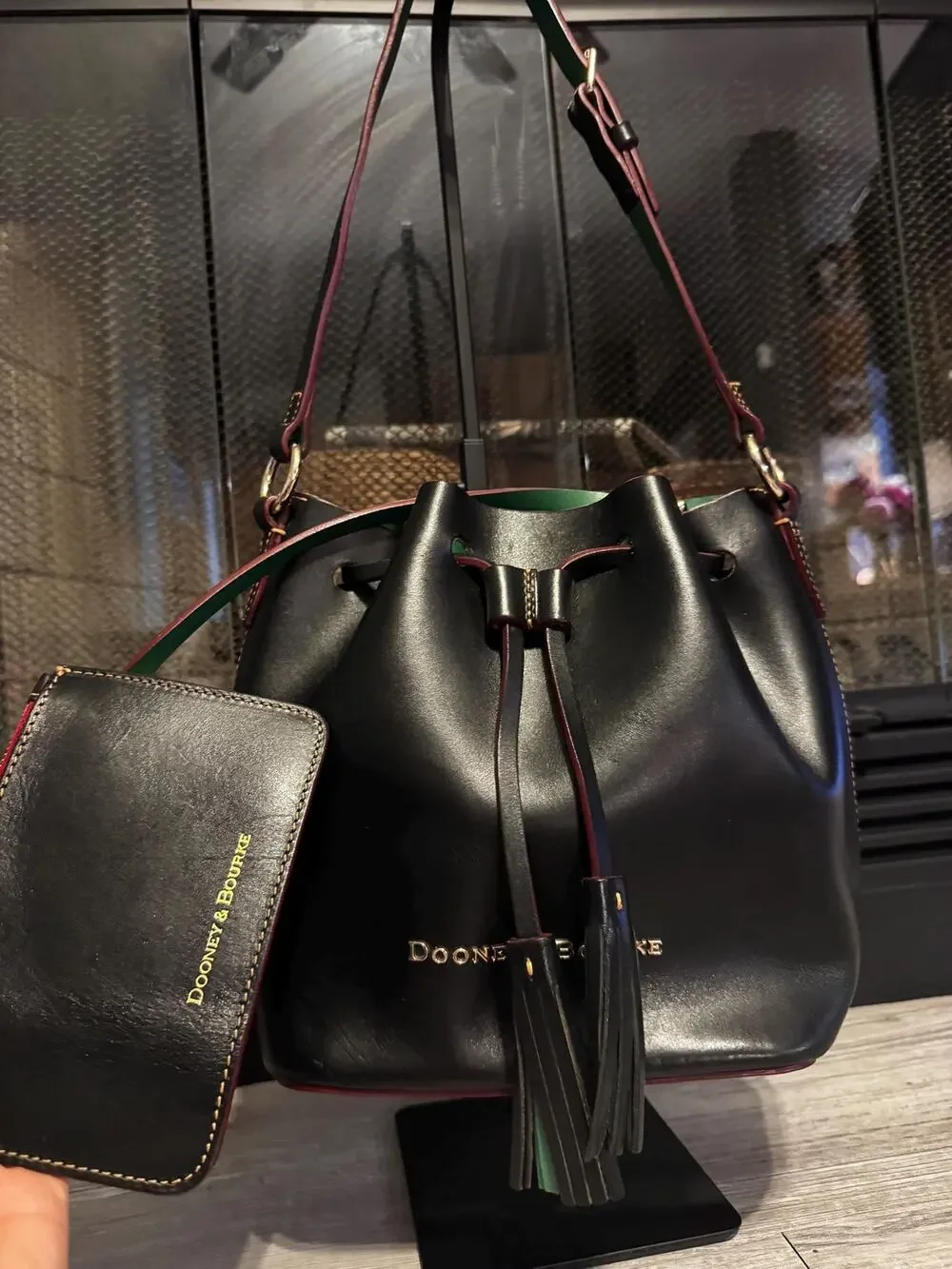Dooney and Bourke smooth drawstring black green leather Serena Bucket bag purse